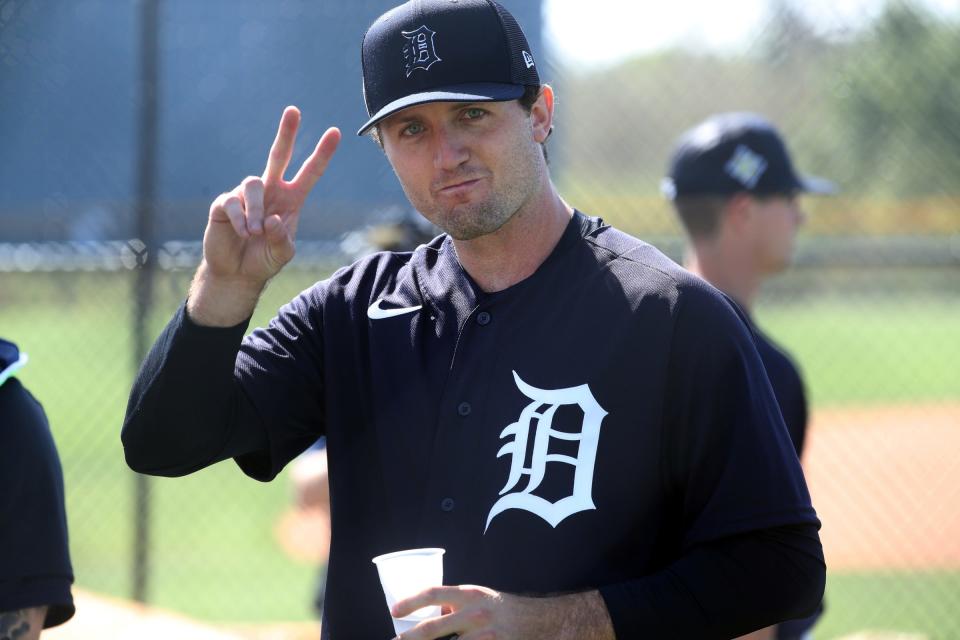 Right handed pitcher Casey Mize waits his turn to throw live batting practice during Detroit Tigers spring training Monday, March 14, 2022 at TigerTown in Lakeland, Fla.