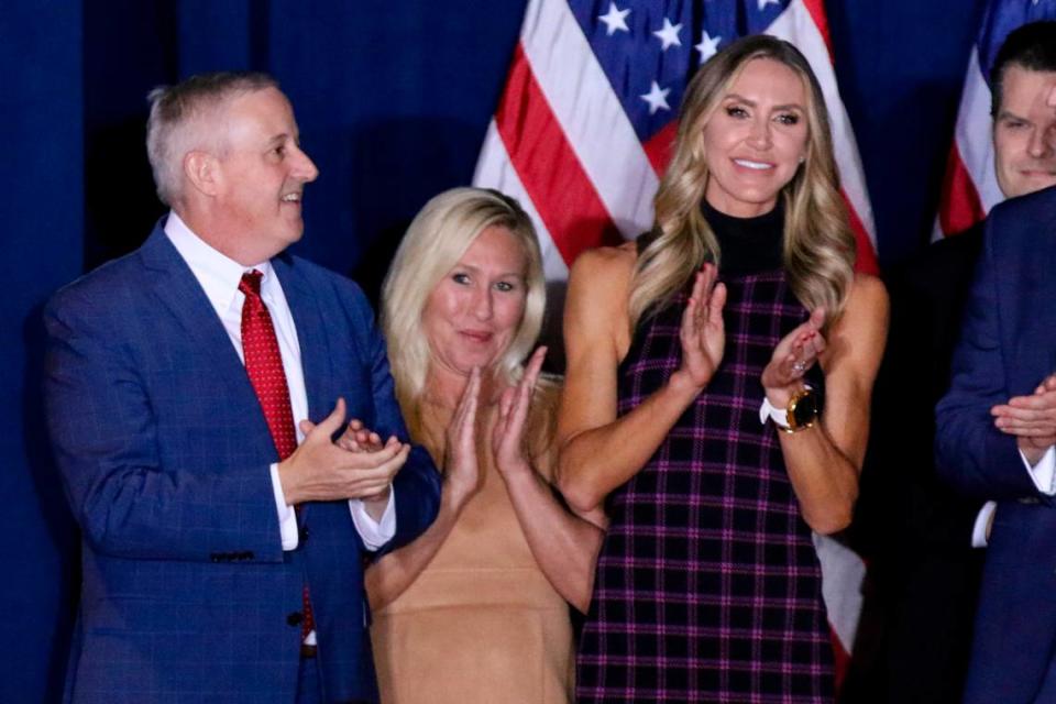 U.S. Rep. Marjorie Taylor Greene, center, joined dignitaries on stage as Donald Trump celebrated winning the South Carolina primary on Saturday, Feb. 24, 2024.