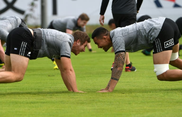 Face off: All Blacks Nathan Harris (left) and Vaea Fifita square up during a training session in Tokyo on Tuesday