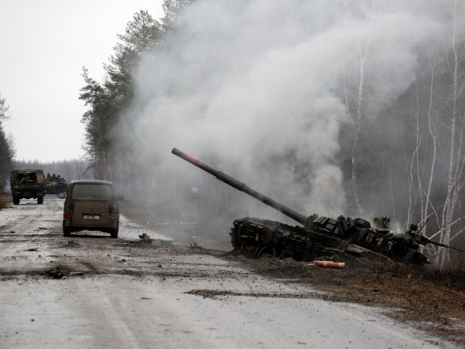 Smoke rising from a Russian tank