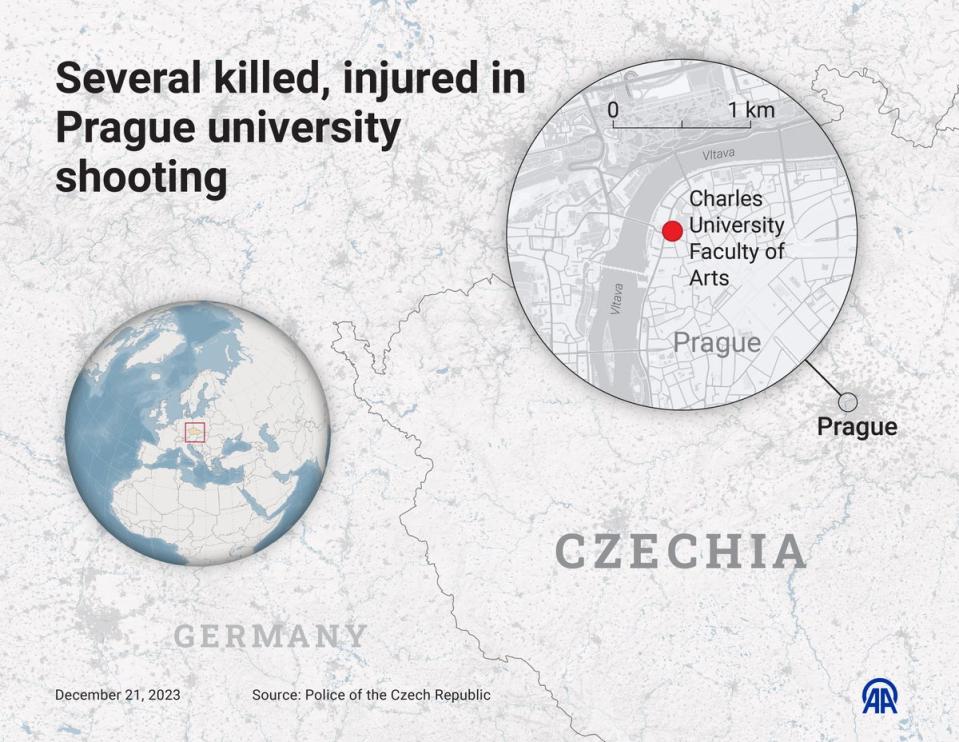 Map published showing the location of Charles University faculty of arts, where the gunman launched the attack (Anadolu via Getty Images)