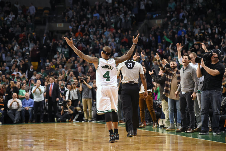 Isaiah Thomas celebrates, and so, sometimes, can we. (Photo by Brian Babineau/NBAE via Getty Images)