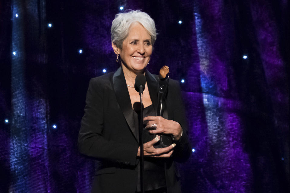 FILE - Inductee Joan Baez appears at the 2017 Rock and Roll Hall of Fame induction ceremony in New York on April 7, 2017. Baez is the subject of a documentary titled, "Joan Baez: I Am a Noise." (Photo by Charles Sykes/Invision/AP, File)