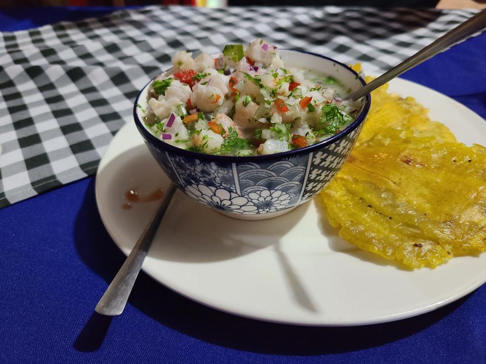 A bowl of ceviche and patacones (smashed, fried plantains) at a restaurant in Costa Rica.