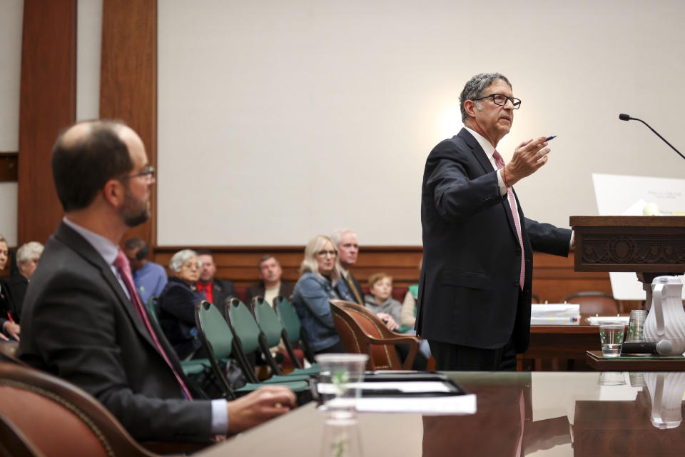 Oregon Supreme Court justices listen to the oral arguments made by attorneys representing Republican Oregon senators and the Department of Justice on Thursday, Dec. 14, 2023 in Salem, Ore. Republicans are challenging the implementation of Measure 113, an effort to put a stop to legislative walkouts. (Abigail Dollins/Statesman-Journal via AP, Pool)