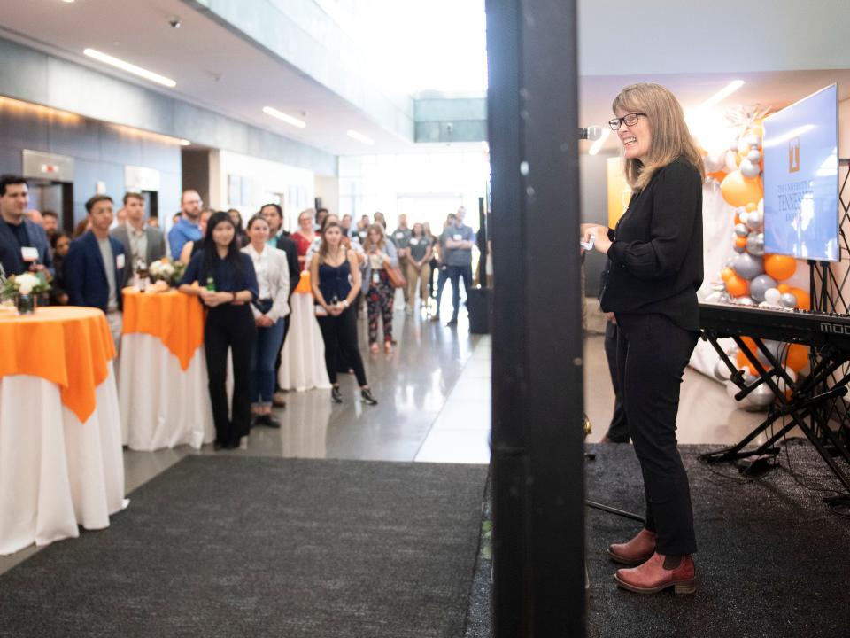 Deborah Crawford, UT's vice chancellor for research, welcomes guests Thursday to the Institute for Advanced Materials and Manufacturing in Knoxville.