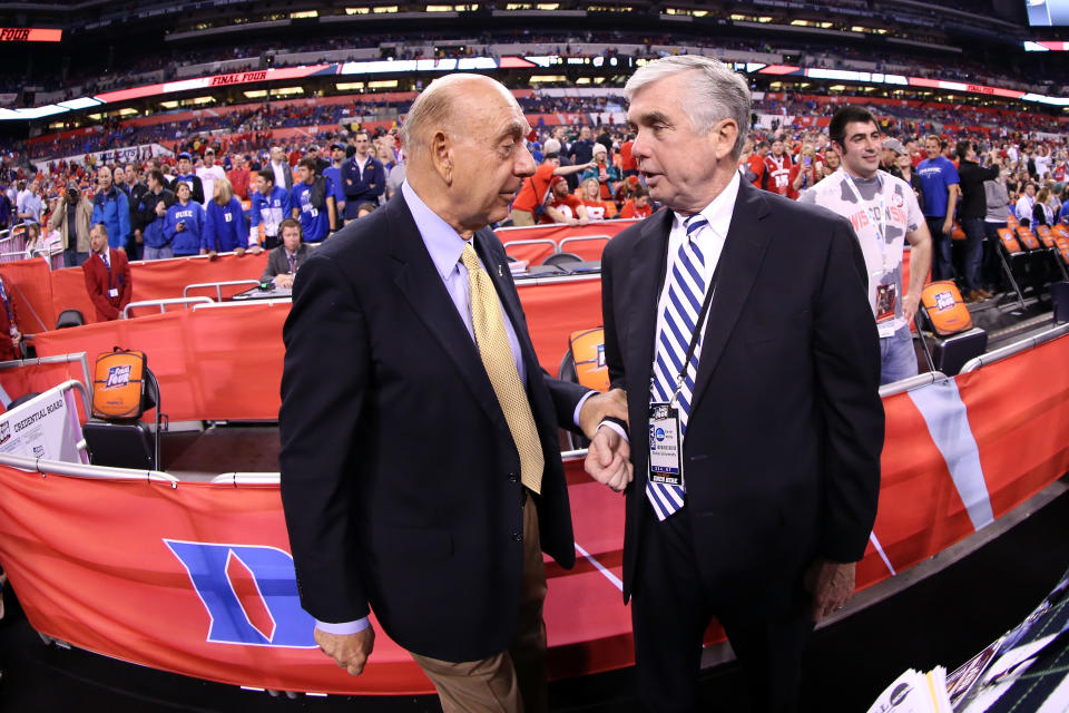 ESPN broadcaster Dick Vitale talks with Duke athletic director Kevin White before the NCAA title game on April 6, 2015 in Indianapolis, Indiana. (Mike Lawrie/Getty)