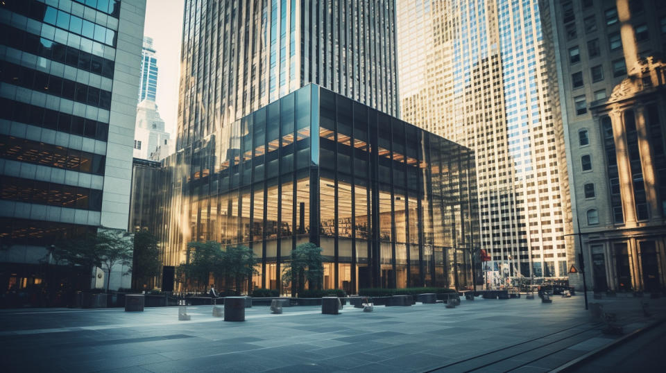 A corporate office building in the financial district, evidence of the bank's success.