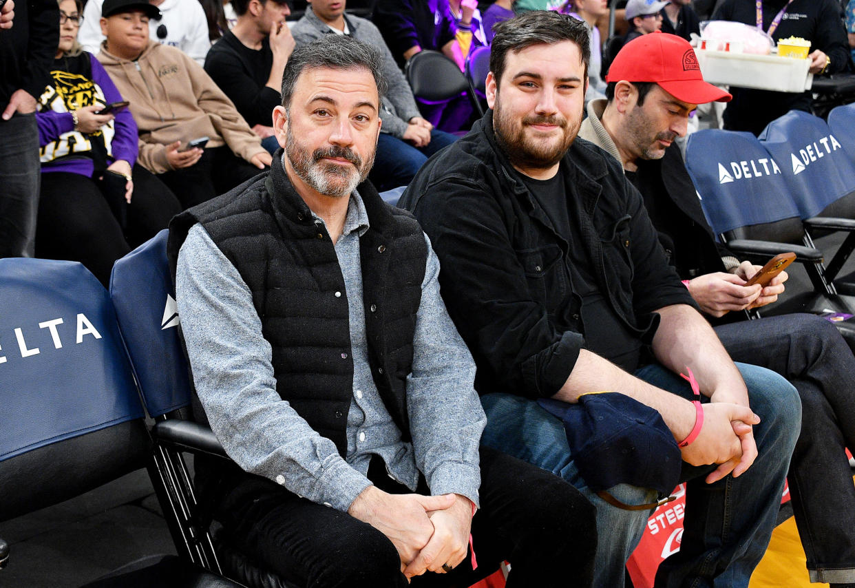 Jimmy Kimmel and son Kevin at the Los Angeles Lakers vs the Chicago Bulls game on March 26, 2023 in Los Angeles, CA. (Allen Berezovsky / Getty Images)