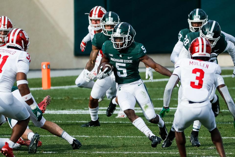 Michigan State wide receiver Jayden Reed runs against Indiana during the first half at Spartan Stadium in East Lansing, Saturday, Nov. 14, 2020.