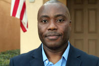 Junior ROTC instructor Cardelle Anthony Hopkins poses for a photo in his one in Riverview, Fla., March 1, 2021. Hopkins said little was done after one of his students at Lake Brantley High School in Florida alerted him to social media posts by her fellow cadets making racist comments about Hopkins, a retired Black master sergeant. (AP Photo/Noreen Nasir)