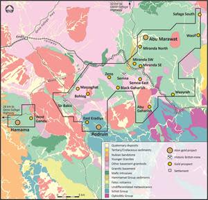 Geology plan of the Abu Marawat Concession showing the location of the Rodruin project