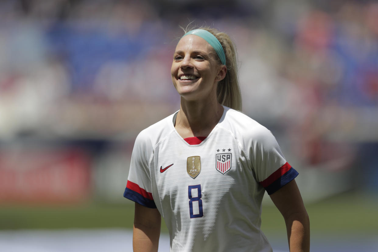 United States midfielder Julie Ertz is introduced during a send-off ceremony ahead of the FIFA Women's World Cup after an international friendly soccer match against Mexico, Sunday, May 26, 2019, in Harrison, N.J. The U.S. won 3-0. (AP Photo/Julio Cortez)