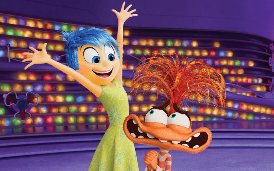 Joy, voice by Amy Poehler, and Anxiety, voiced by Maya Hawke, in Inside Out 2