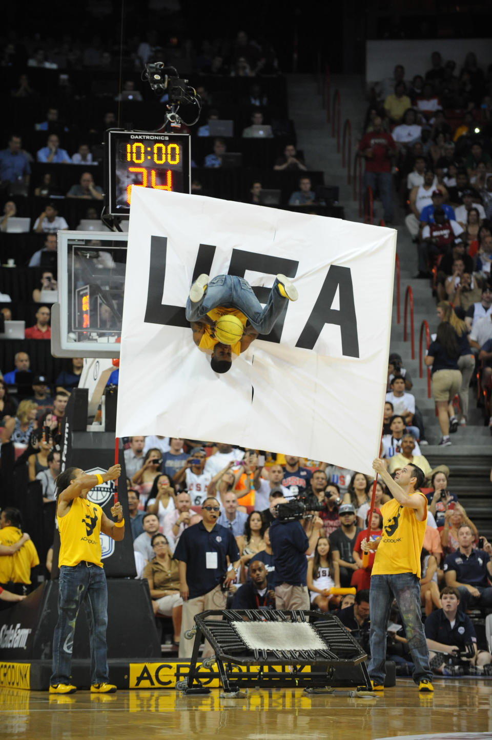 An intermission act performs during the game of the US Men's Senior National Team against the Dominican Republic during an exhibition game at the Thomas and Mack Center on July 12, 2012 in Las Vegas, Nevada. (Noah Graham/NBAE via Getty Images)