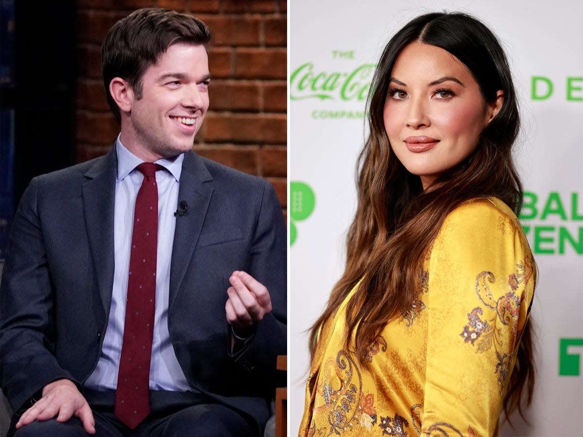 A side-by-side of John Mulaney and Olivia Munn.