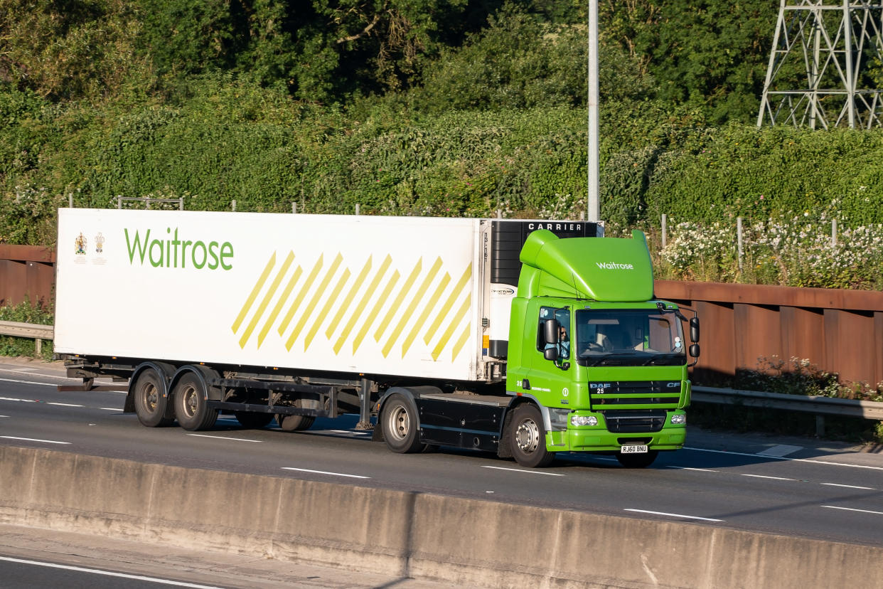 London Colney, UK - JUNE 28, 2018: Lorry belonging to the British Waitrose Supermakret in motion on the motorwey M25