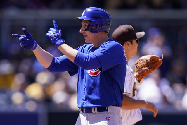 Chicago Cubs first baseman Alfonso Rivas warms up during the ninth inning  of a baseball game against the Arizona Diamondbacks Friday, May 13, 2022,  in Phoenix. The Diamondbacks won 4-3. (AP Photo/Ross