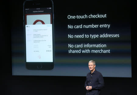 Apple CEO Tim Cook speaks about the Apple Pay service during a presentation at Apple headquarters in Cupertino, California October 16, 2014. REUTERS/Robert Galbraith