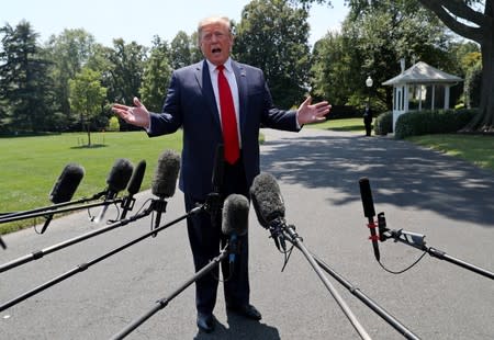 U.S. President Donald Trump speaks to the news media from the South Lawn of the White House in Washington, U.S.