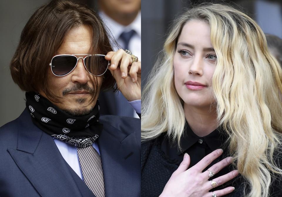 A diptych of a man with long hair wearing sunglasses next to a blond woman