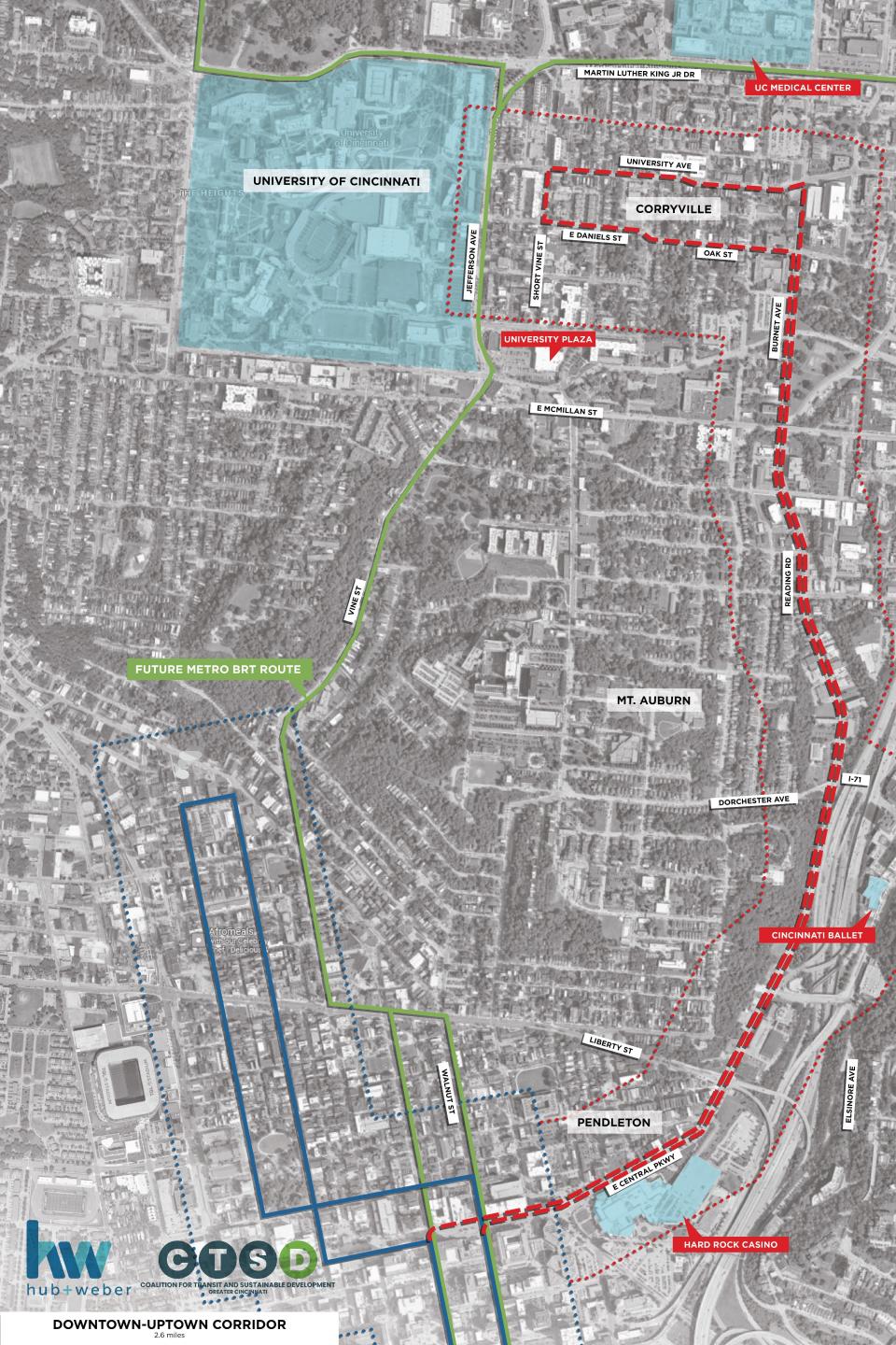 The Downtown-to-Uptown route, at 2.6 miles, would travel Reading Road to Corryville.