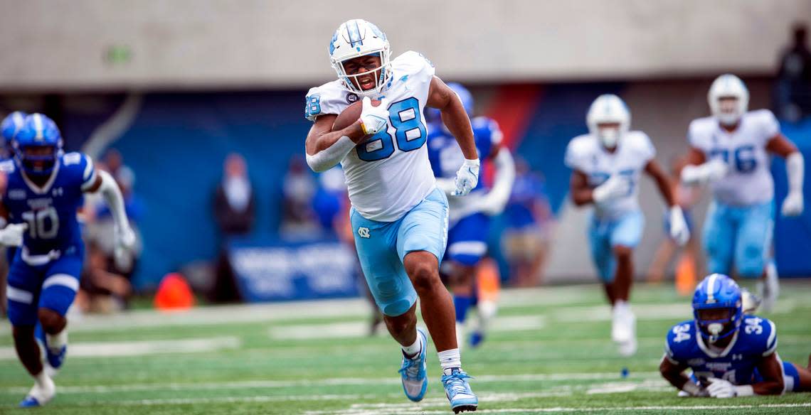North Carolina tight end Kamari Morales runs for touchdown in the first half of an NCAA college football game against Georgia State Saturday, Sept. 10, 2022, in Atlanta. Hakim Wright Sr./AP