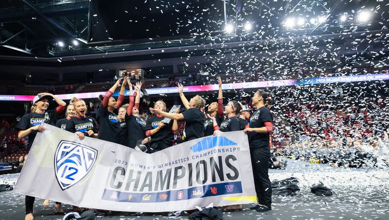 Utah reacts after winning the Pac-12 Gymnastics Championships at Maverik Center in West Valley City on March 18, 2023.