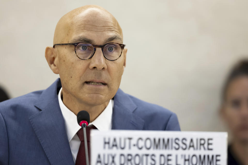 U.N. High Commissioner for Human Rights Volker Türk, presents a global update on human rights in the world, during the opening of the 57th session of the Human Rights Council at the European headquarters of the United Nations in Geneva, Switzerland, Monday, Sept. 9, 2024. (Salvatore Di Nolfi/Keystone via AP)