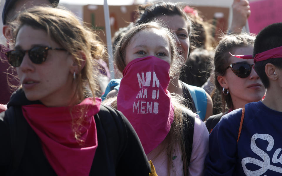 People march to protest the World Congress of Families, in Verona, Italy, Saturday, March 30, 2019. A congress in Italy under the auspices of a U.S. organization that defines family as strictly centering around a mother and father has made Verona — the city of Romeo and Juliet — the backdrop for a culture clash over family values, with a coalition of civic groups mobilizing against what they see as a counter-reform movement to limit LGBT and women's rights. (AP Photo/Antonio Calanni)