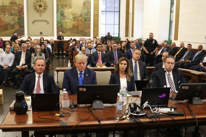 Former President Donald Trump appears with his attorneys in State Supreme Court in New York for the opening of his civil fraud trial on Monday. Photo by Jefferson Siegel/UPI