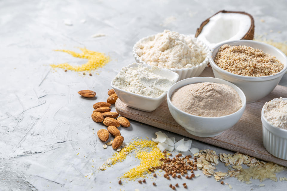 Gluten free concept - selection of alternative flours and ingredients, copy space