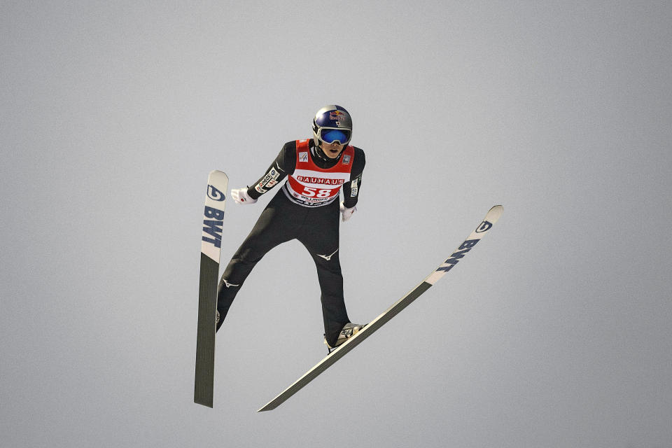 Ryoyu Kobyashi from Japan soars through the air during the ski jumping, men's World Cup large hill event, in Willingen, Germany, Sunday, Feb. 5, 2023. (Swen Pfoertner/dpa/dpa via AP)