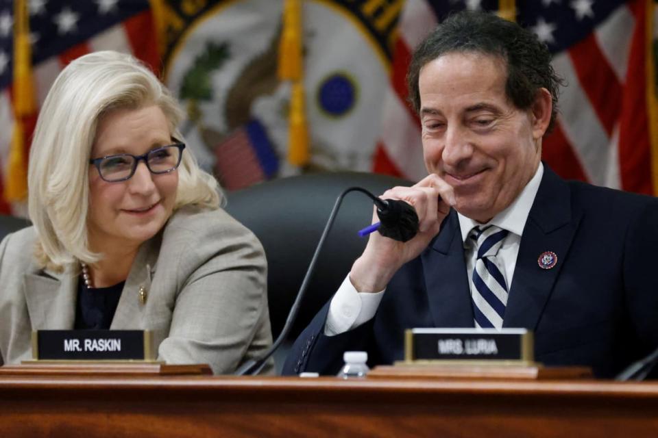 <div class="inline-image__caption"><p>Rep. Liz Cheney (R-WY) and Rep. Jamie Raskin (D-MD) share an aside before the House Select Committee on Jan. 6 voted to cite Mark Meadows for contempt of Congress.</p></div> <div class="inline-image__credit">Jonathan Ernst/Reuters</div>