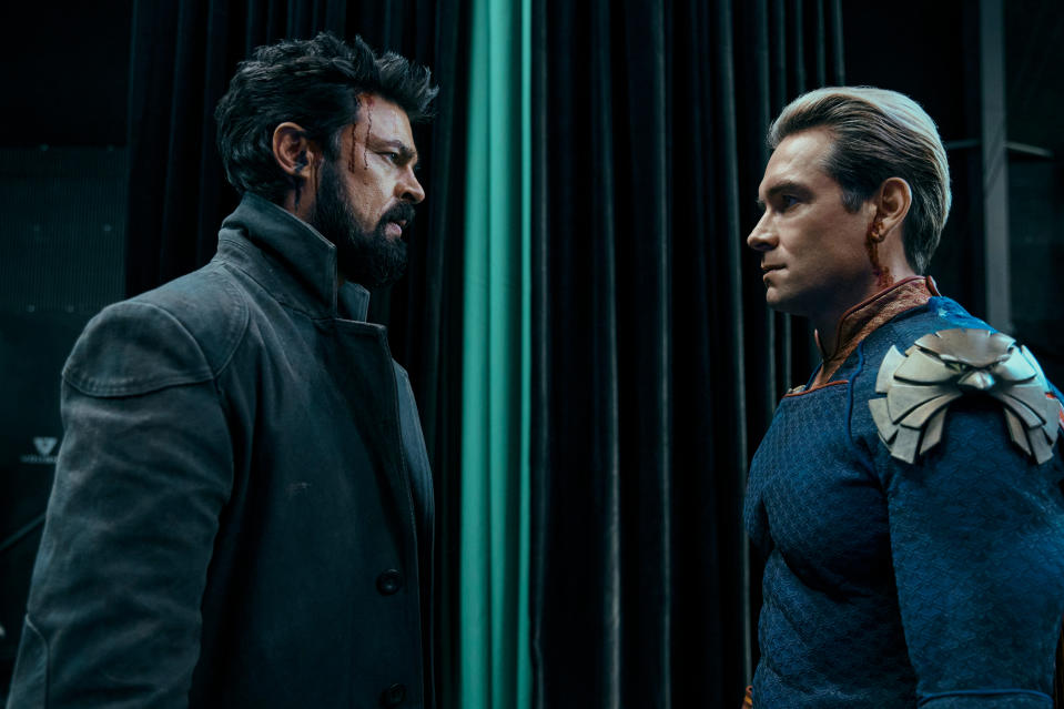 Karl Urban as Billy Butcher and Antony Starr as Homelander in The Boys season 4