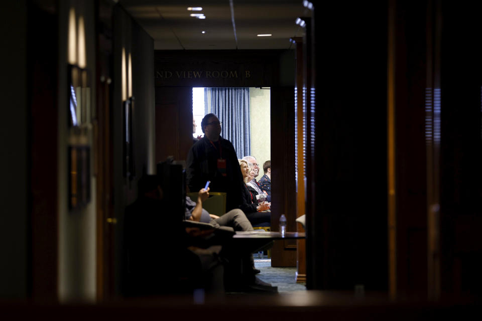 District 11 delegates meet during the Michigan GOP convention, Saturday, March 2, 2024, in Grand Rapids, Mich. (AP Photo/Al Goldis)