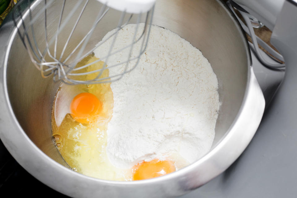 flour and whole eggs in a stand mixer