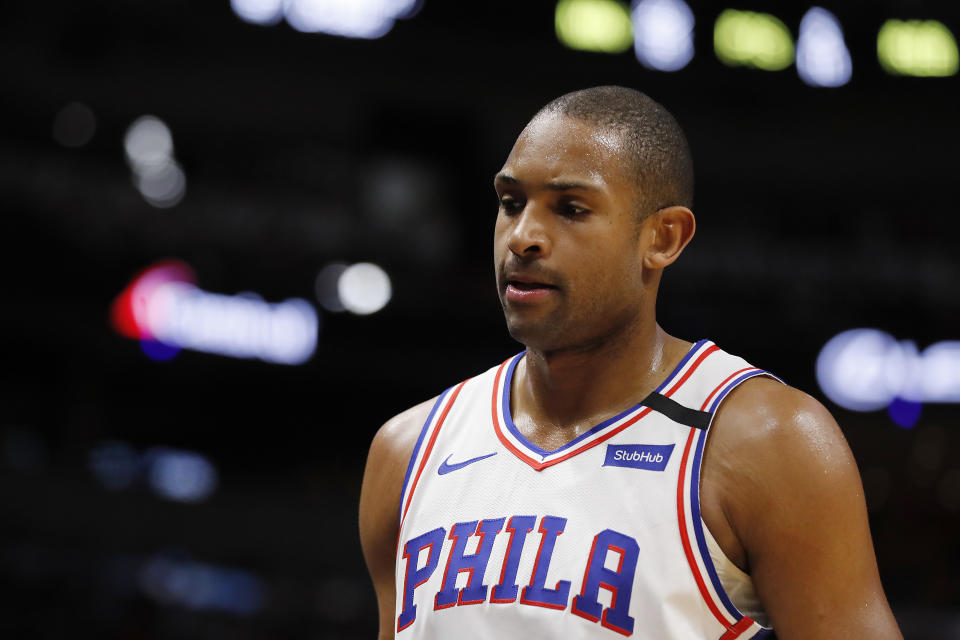  Al Horford #42 of the Philadelphia 76ers looks on against the Miami Heat during the second half at American Airlines Arena on February 03, 2020 in Miami, Florida. NOTE TO USER: User expressly acknowledges and agrees that, by downloading and/or using this photograph, user is consenting to the terms and conditions of the Getty Images License Agreement.  (Photo by Michael Reaves/Getty Images)