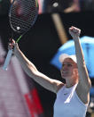 Romania's Simona Halep celebrates after defeating Kazakhstan's Yulia Putintseva in their third round singles match at the Australian Open tennis championship in Melbourne, Australia, Saturday, Jan. 25, 2020. (AP Photo/Dita Alangkara)