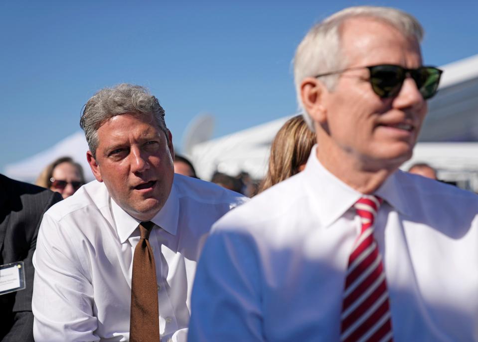 Congressman and U.S. Senate candidate Tim Ryan, left and Senator Rob Portman attend a groundbreaking ceremony for Intel's $20 billion microchip manufacturing project. Intel has promised two factories in Licking County. Adam Cairns/Columbus Dispatch