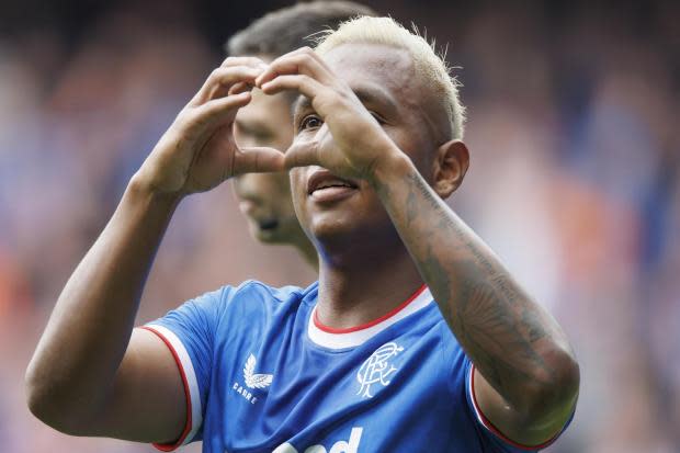 Alfredo Morelos celebrates his goal during the Cinch Scottish Premiership match between Rangers FC and Kilmarnock FC at Ibrox