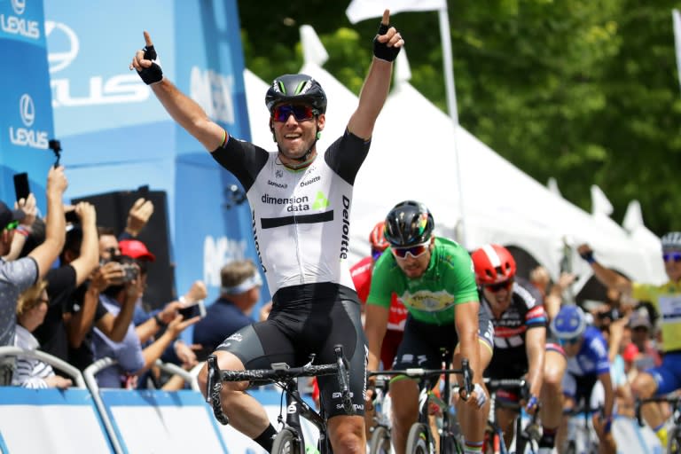 Mark Cavendish of Great Britian riding for Team Dimension Data for Qhubeka celebrates after winning stage 8 of the Amgen Tour of California on May 22, 2016 in Sacramento, California