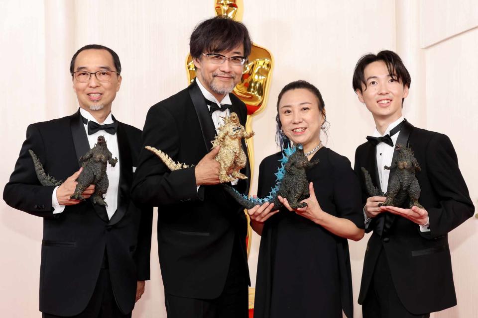 <p>Mike Coppola/Getty</p> Masaki Takahashi, Takashi Yamazaki, Kiyoko Shibuya and Tatsuji Nojima attend the 2024 Oscars.. 