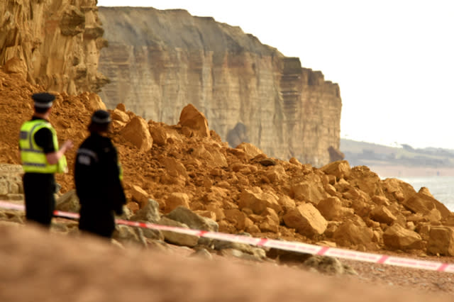 Mandatory Credit: Photo by Finnbarr Webster/REX/Shutterstock (5600365b) Scene of the landslip Landslip at West Bay in Dorset, Britain - 29 Feb 2016  