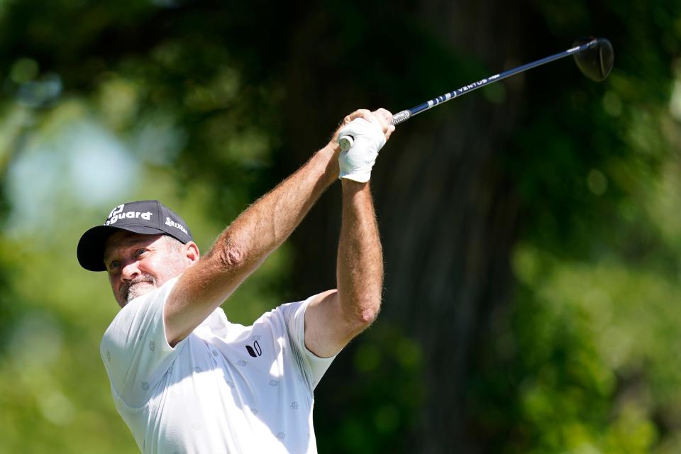 Jerry Kelly hits off the third tee during the first round of the PGA Tour Champions Principal Charity Classic golf tournament, Friday, June 3, 2022, in Des Moines, Iowa.