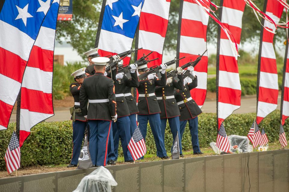 Marines do the Rifle Salute and Taps during the 2022 Memorial Day Observance at Veterans Memorial Park Sunday, May 29, 2022.