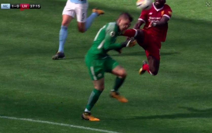 Ederson is caught in the face by Sadio Mane's raised foot (Sky Sports)