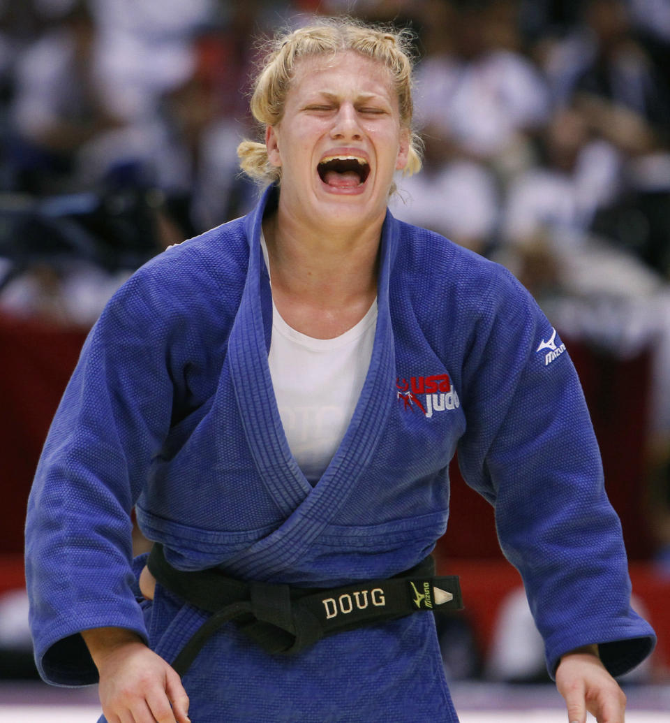 Kayla Harrison of the United States reacts after she won the women's under 78 Kg category final of the World Judo Championships against Mayra Aguiar of Brazil in Tokyo Thursday, Sept. 9, 2010. Harrison became the first American woman to win a gold medal at the judo world championships since 1984. (AP Photo/Shizuo Kambayashi)