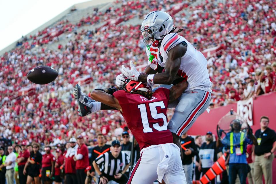 Sep 2, 2023; Bloomington, Indiana, USA; Indiana Hoosiers defensive back Nic Toomer (15) breaks up a pass for Ohio State Buckeyes wide receiver Marvin Harrison Jr. (18) during the second half of the NCAA football game at Indiana University Memorial Stadium. Ohio State won 23-3.