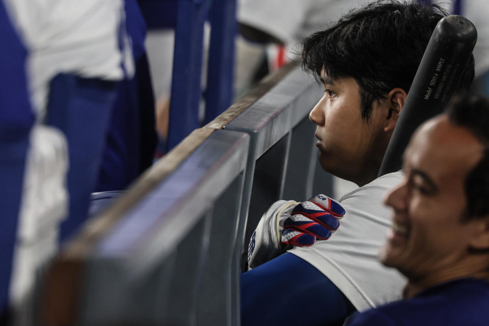 Los Angeles, CA, Thursday, September 26, 2024 – Dodgers ie Shohei Ohtani in the dugout during a game against the San Diego Padres at Dodger Stadium. (Robert Gauthier/Los Angeles Times via Getty Images)